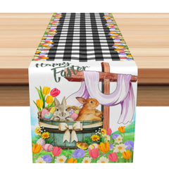 Lofaris Colorful Floral Bunny Black Plaid Easter Table Runner