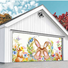 Lofaris Colorful Floral Cute Bunny Easter Garage Door Banner