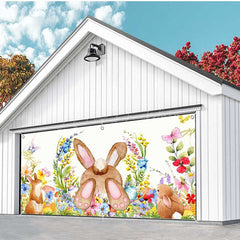 Lofaris Colorful Floral Cute Bunny Easter Garage Door Banner