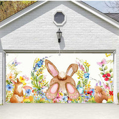 Lofaris Colorful Floral Cute Bunny Easter Garage Door Banner