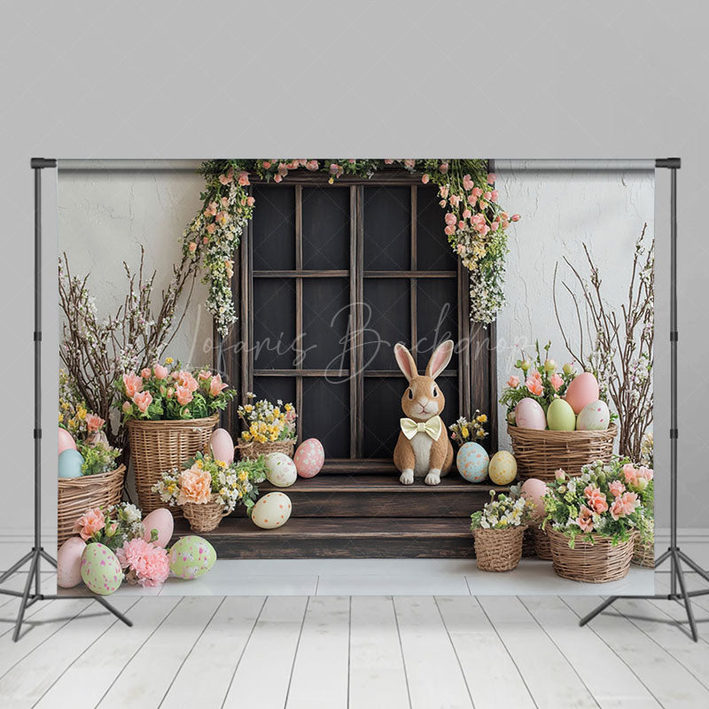 Lofaris Colorful Floral Eggs Bunny Wood Door Easter Backdrop