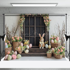 Lofaris Colorful Floral Eggs Bunny Wood Door Easter Backdrop