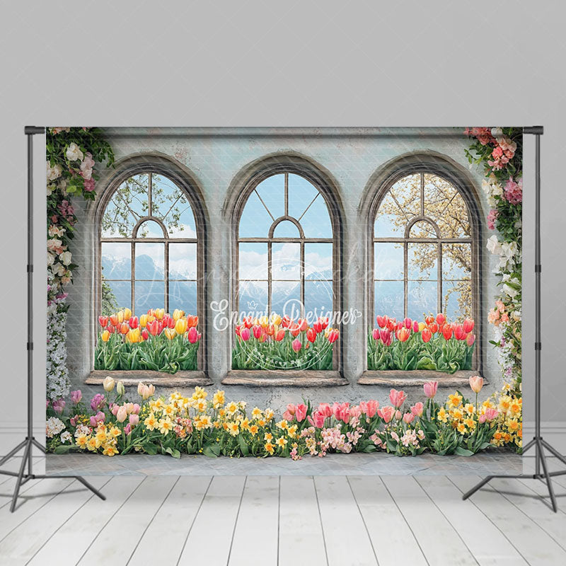 Lofaris Colorful Floral Retro Window Natural Scene Backdrop