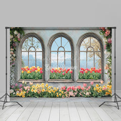 Lofaris Colorful Floral Retro Window Natural Scene Backdrop