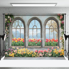 Lofaris Colorful Floral Retro Window Natural Scene Backdrop