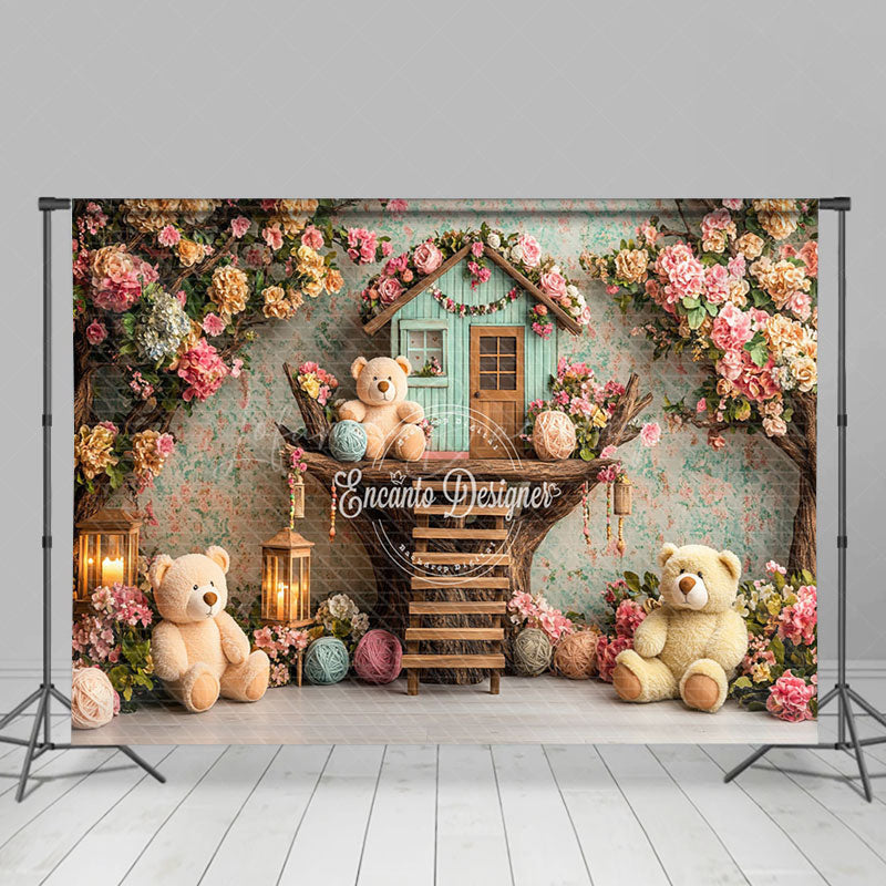 Lofaris Colorful Floral Tree House Bear Cake Smash Backdrop