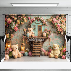 Lofaris Colorful Floral Tree House Bear Cake Smash Backdrop