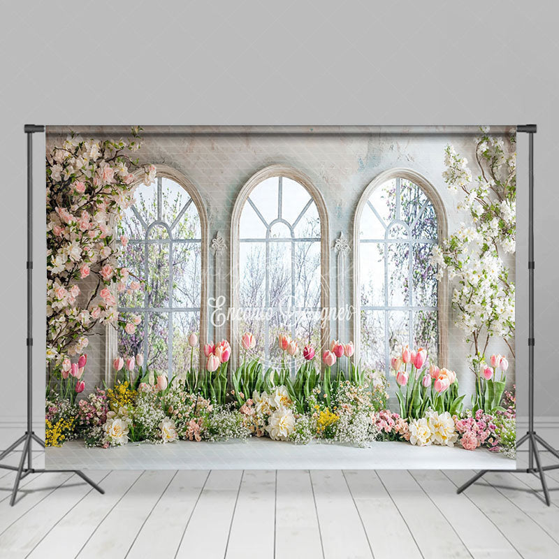 Lofaris Colorful Floral Tree Window Scenery Spring Backdrop