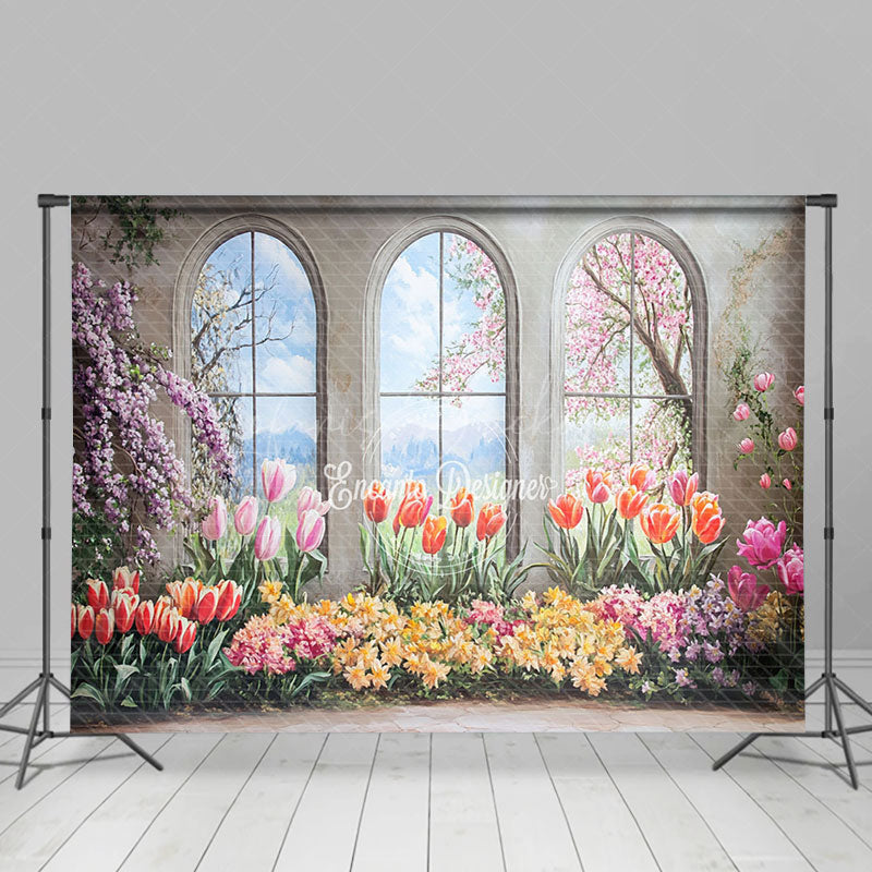 Lofaris Colorful Floral Trees Window Scenery Spring Backdrop