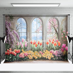 Lofaris Colorful Floral Trees Window Scenery Spring Backdrop