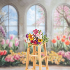 Lofaris Colorful Floral Trees Window Scenery Spring Backdrop