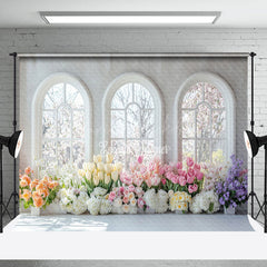 Lofaris Colorful Floral White Window Spring Scenery Backdrop