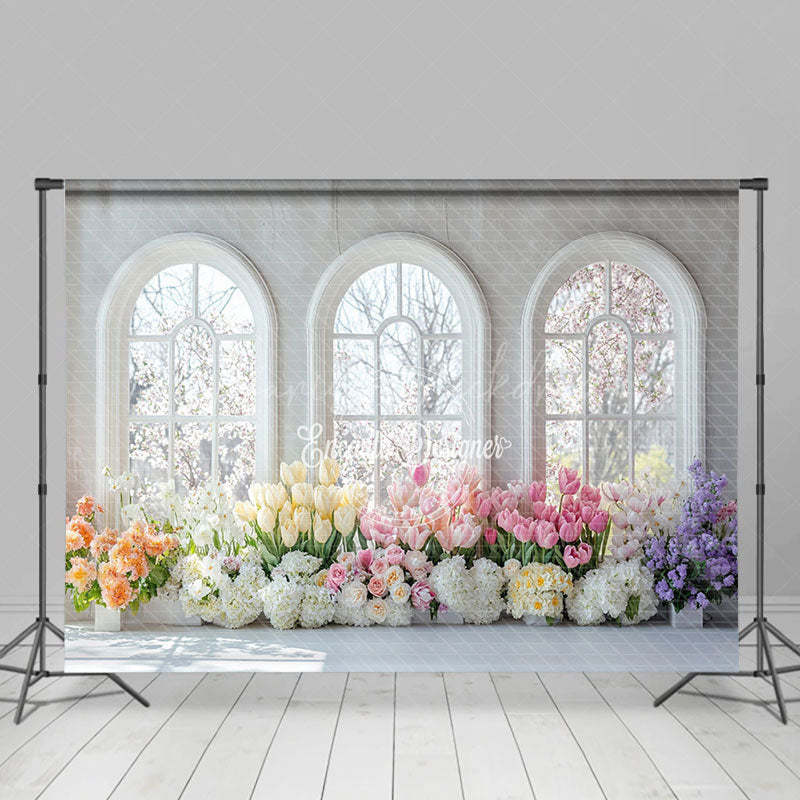 Lofaris Colorful Floral White Window Spring Scenery Backdrop