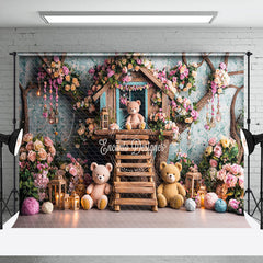 Lofaris Colorful Floral Wood House Bear Cake Smash Backdrop