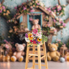 Lofaris Colorful Floral Wood House Bear Cake Smash Backdrop