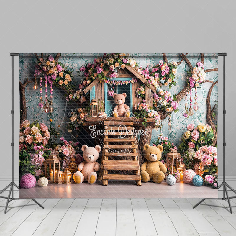 Lofaris Colorful Floral Wood House Bear Cake Smash Backdrop