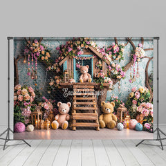 Lofaris Colorful Floral Wood House Bear Cake Smash Backdrop