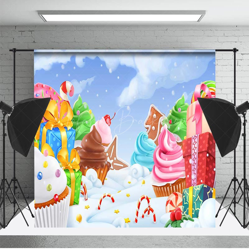 Lofaris Colorful Gifts Cupcakes Snowy Christmas Backdrop