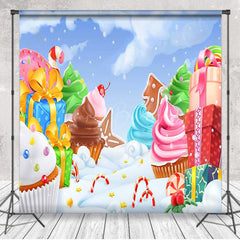 Lofaris Colorful Gifts Cupcakes Snowy Christmas Backdrop