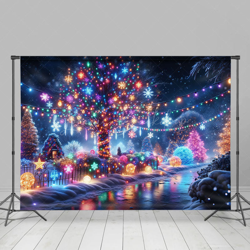 Lofaris Colorful Lighted Snowy Street Christmas Vibe Backdrop