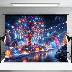 Lofaris Colorful Lighted Snowy Street Christmas Vibe Backdrop