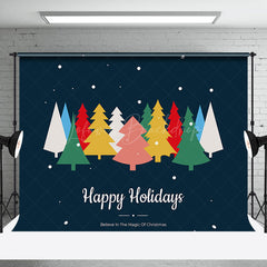 Lofaris Colorful Pine Trees Blue Happy Holidays Backdrop