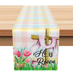 Lofaris Colorful Plaid Cross He Is Risen Easter Table Runner