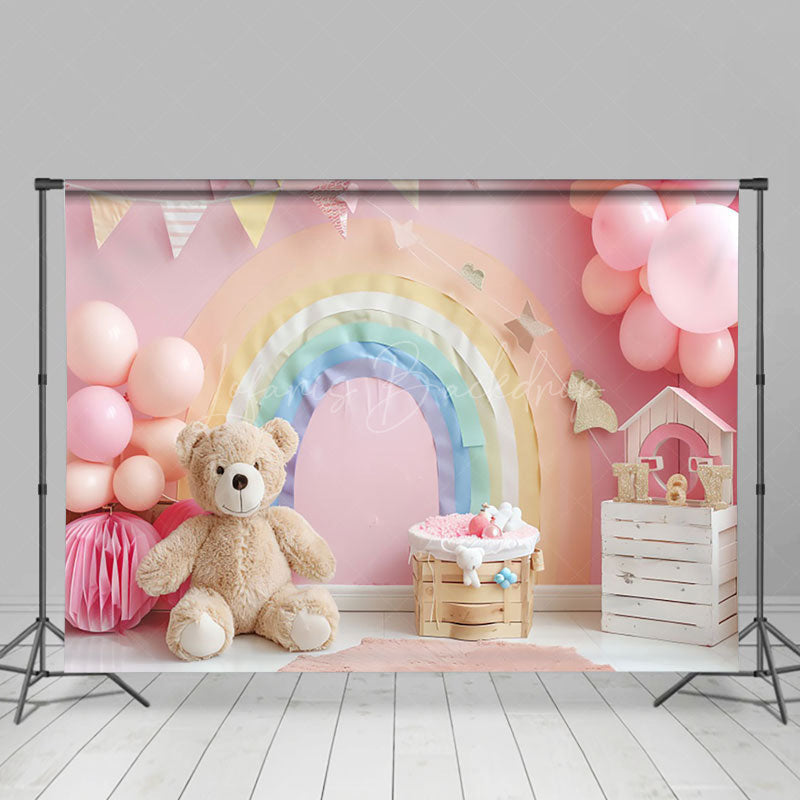 Lofaris Colorful Rainbow Balloons Bear Cake Smash Backdrop