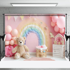 Lofaris Colorful Rainbow Balloons Bear Cake Smash Backdrop