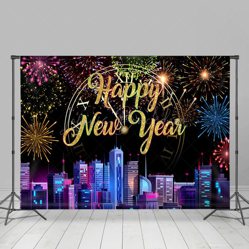 Lofaris Colorful Sparks Modern City Happy New Year Backdrop