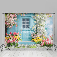 Lofaris Colorful Spring Floral Blue Garden Cabin Backdrop