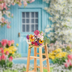 Lofaris Colorful Spring Floral Blue Garden Cabin Backdrop