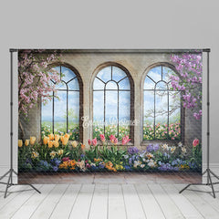 Lofaris Colorful Spring Floral Trees Window Scene Backdrop