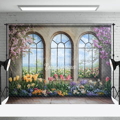 Lofaris Colorful Spring Floral Trees Window Scene Backdrop