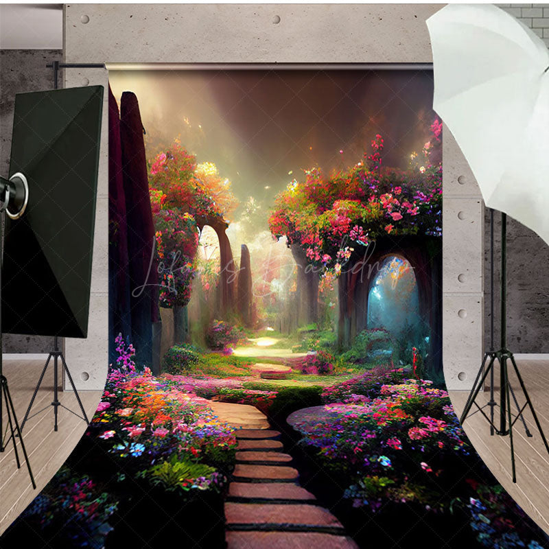 Lofaris Colorful Spring Forest Path Sweep Photo Backdrop