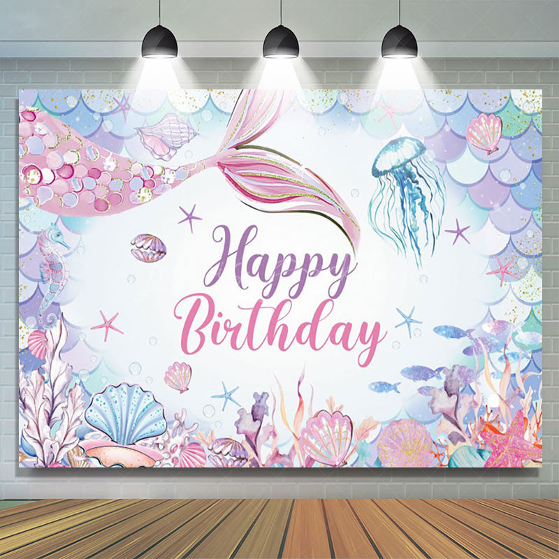 Lofaris Colorful Undersea Mermaid Happy Birthday Backdrop