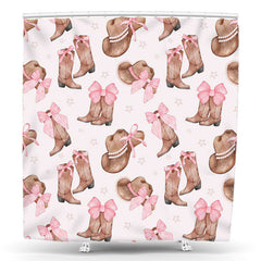 Lofaris Cowgirl Hat Boots Pink Bow Tie Stars Shower Curtain