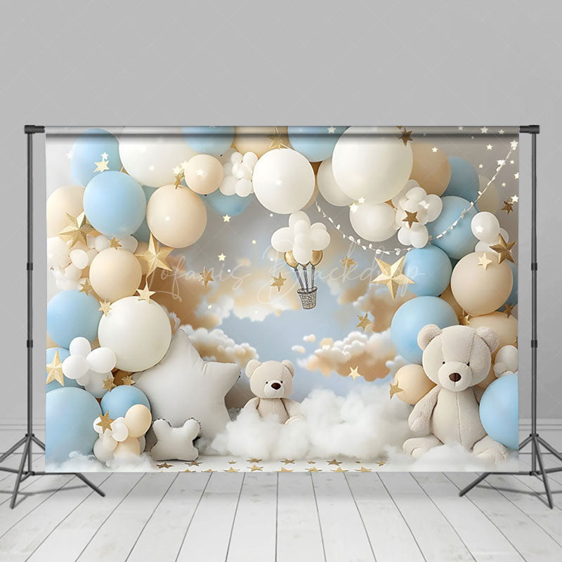 Lofaris Cozy Blue White Teddy Bear Balloon Cloud Backdrop