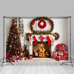 Lofaris Cozy Fireplace Gifts Decorated Trees Xmas Backdrop