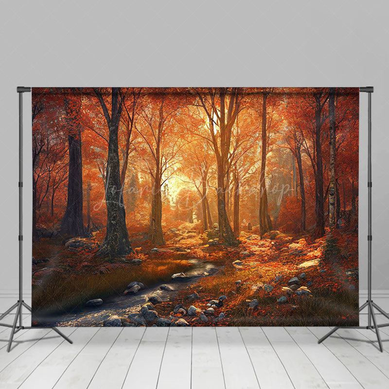 Lofaris Cozy Red Maple Forest Stream Stones Autumn Backdrop