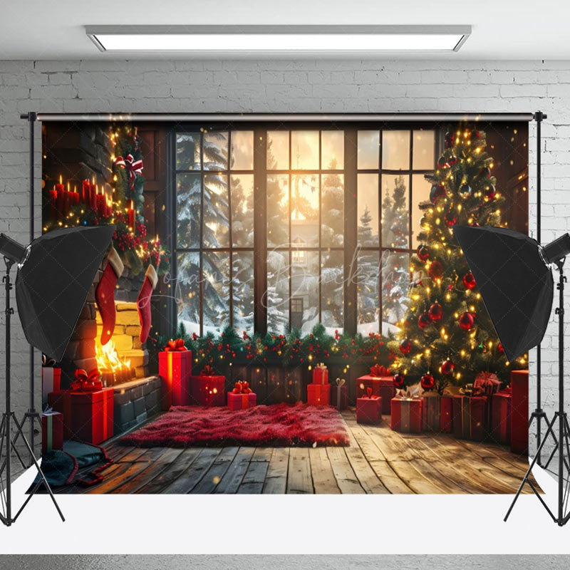 Lofaris Cozy Room Sunrise Snowy Window Christmas Backdrop