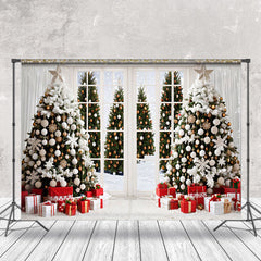 Lofaris Cozy White Room Window Snow Christmas Tree Backdrop