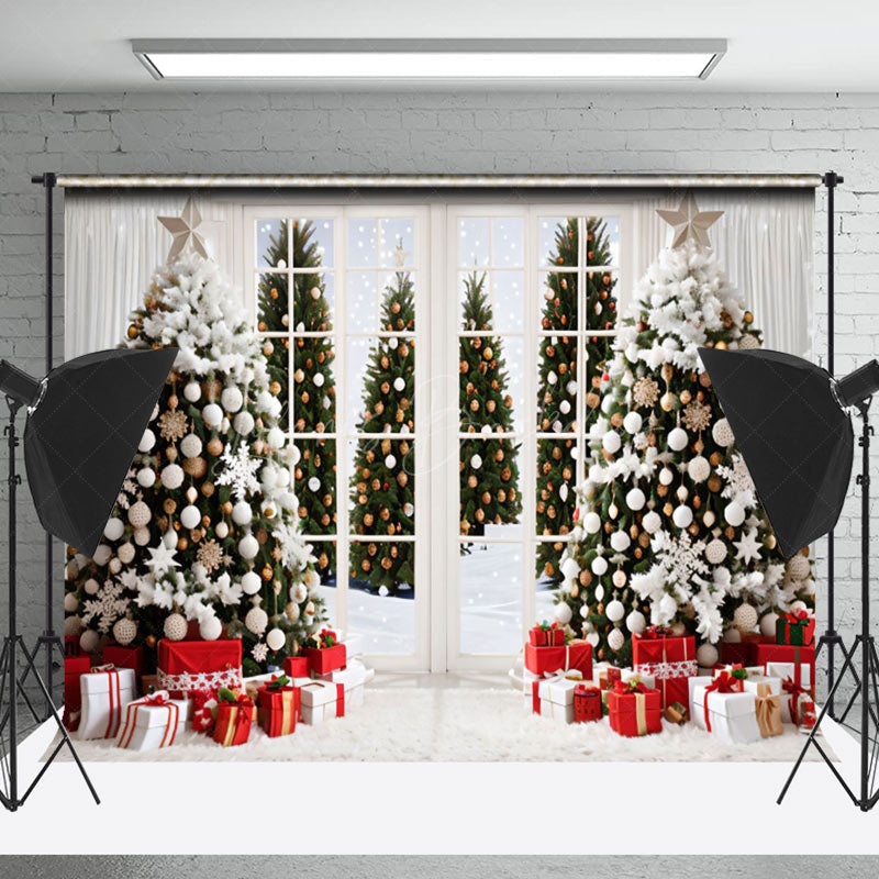 Lofaris Cozy White Room Window Snow Christmas Tree Backdrop