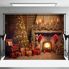 Lofaris Cozy Xtmas Scene Gifts Stockings Fireplace Backdrop