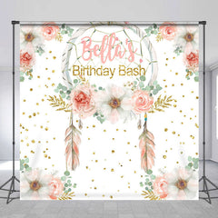 Lofaris Custom Feather Floral Gold Glitter Birthday Backdrop