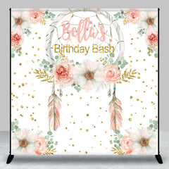 Lofaris Custom Feather Floral Gold Glitter Birthday Backdrop