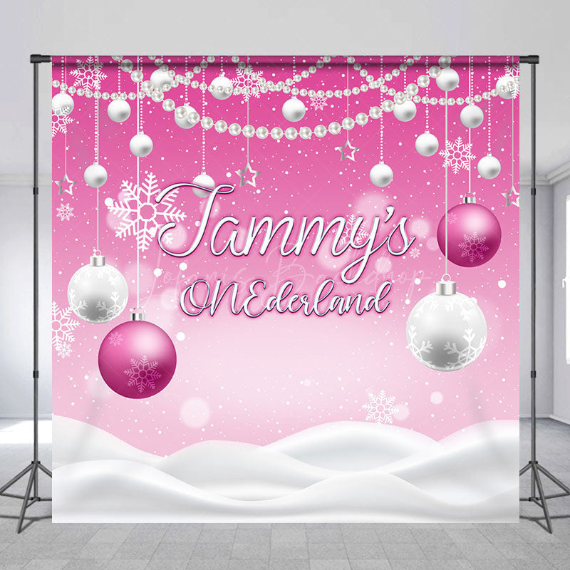 Lofaris Custom Name Pink White Bell Snow Onederland Backdrop