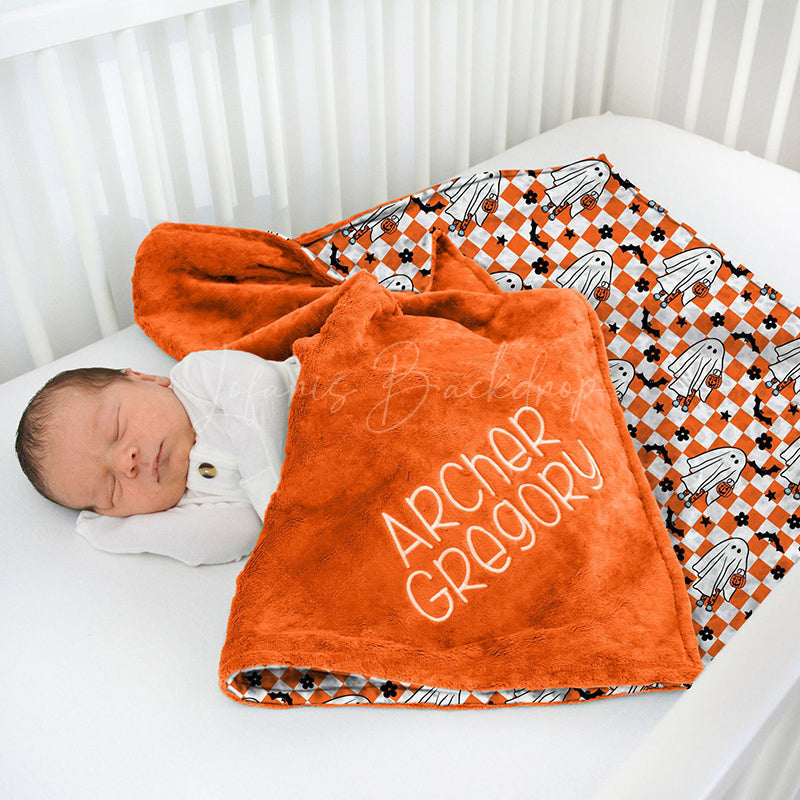 Lofaris Custom Orange Checkered Boo Bat Minky Baby Blanket