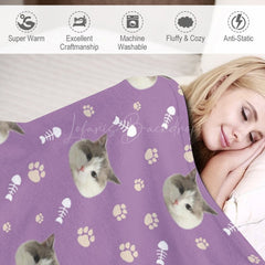 Lofaris Custom Pet Face Photo Paw Fish Print Purple Blanket