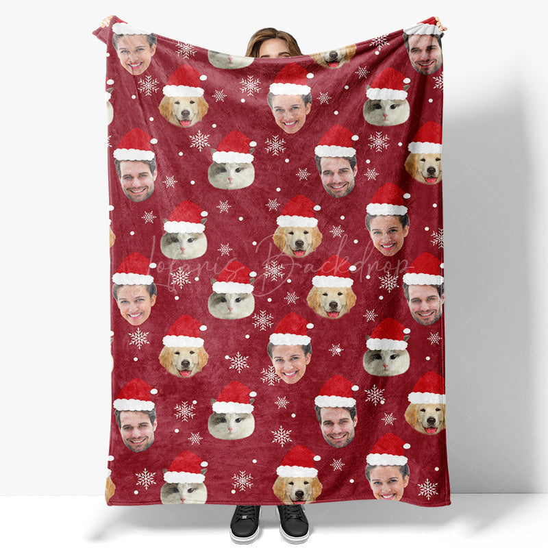 Lofaris Custom Pet Face Photo Snowflake Red Christmas Blanket